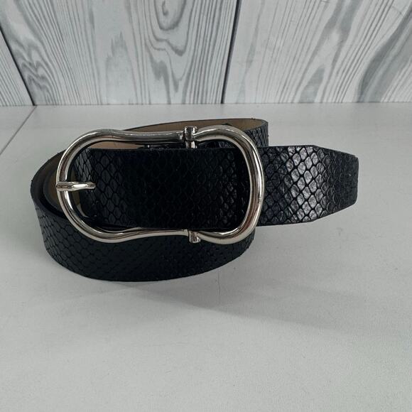 Banana Republic Black Leather Belt Sz Small Textured 1.5”Wide Silver Italy - Picture 1 of 8